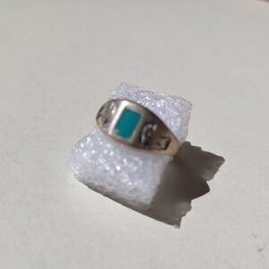 Vintage Southwestern Signet Ring Size 7.75 925 Silver Turquoise Native Inlay
